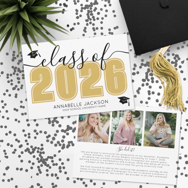 Anuncio Graduación simple de oro en Collage de fotos de gr (Simple Graduate Photo Collage Gold Graduation Announcement)