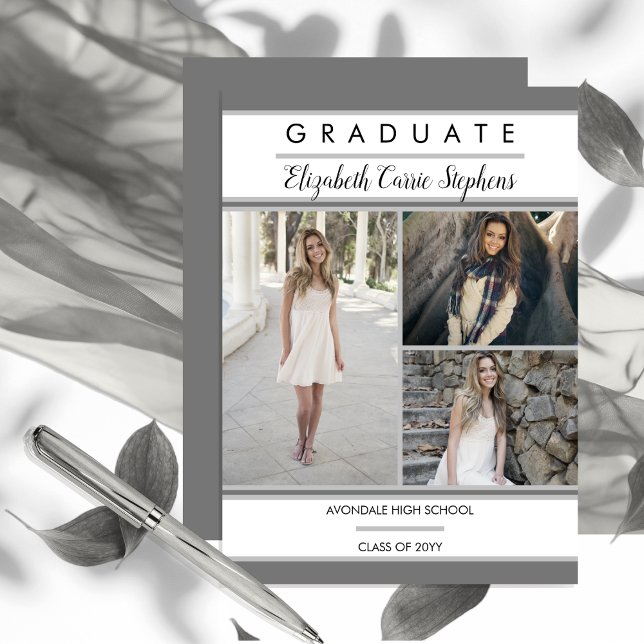 Anuncio Graduación simple de tres fotos gris de clase (Simple Classy Three Photo Collage Gray and White Graduation Announcement - Print | Download)