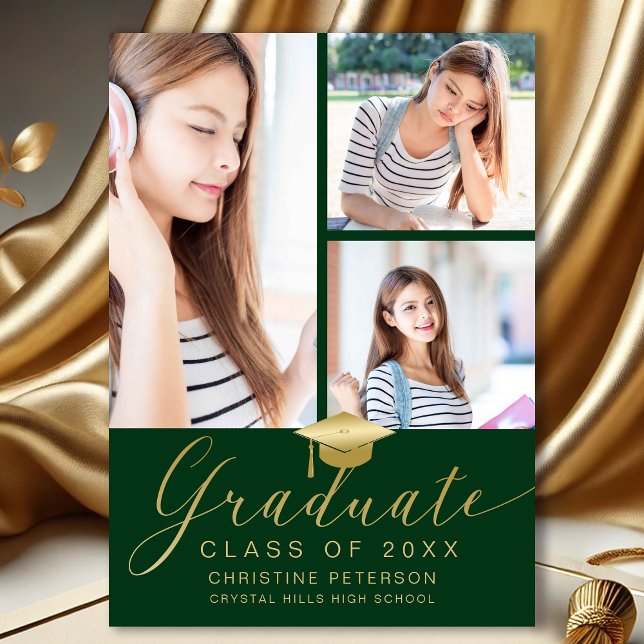 Anuncio Graduación verde con guión de oro de Collage de fo (Modern Photo Collage Green and Gold Graduation Announcement)
