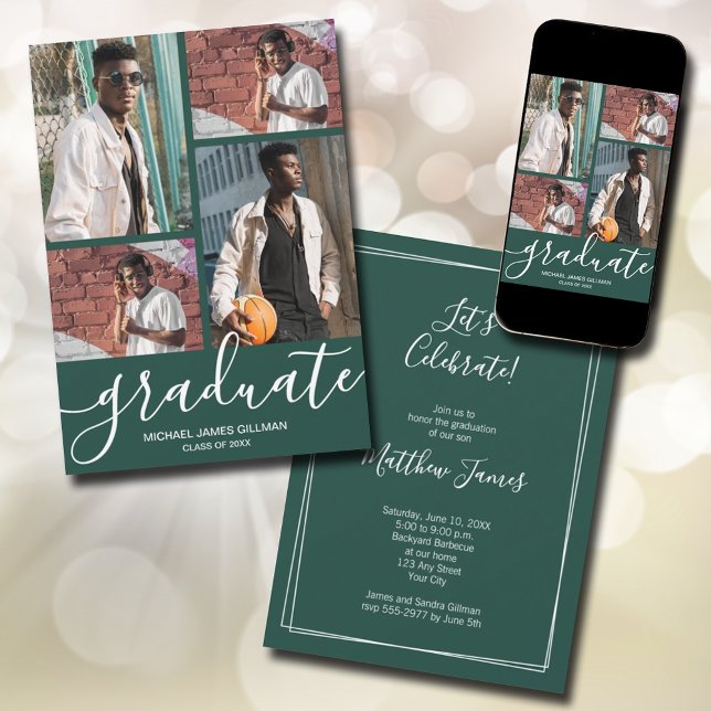 Anuncio Graduación verde oscuro multifoto (Modern script 4 photo dark green graduation announcements - PRINTED and/or INSTANT DOWNLOAD)