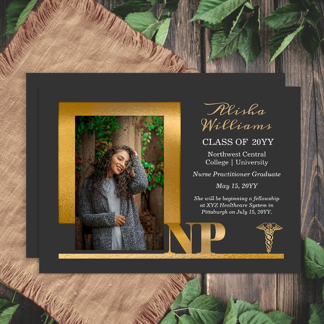 Anuncio Graduada de Enfermera Practicante Elegant Graphite (Elegant graphite and gold NP graduation announcement with modern photo layout)