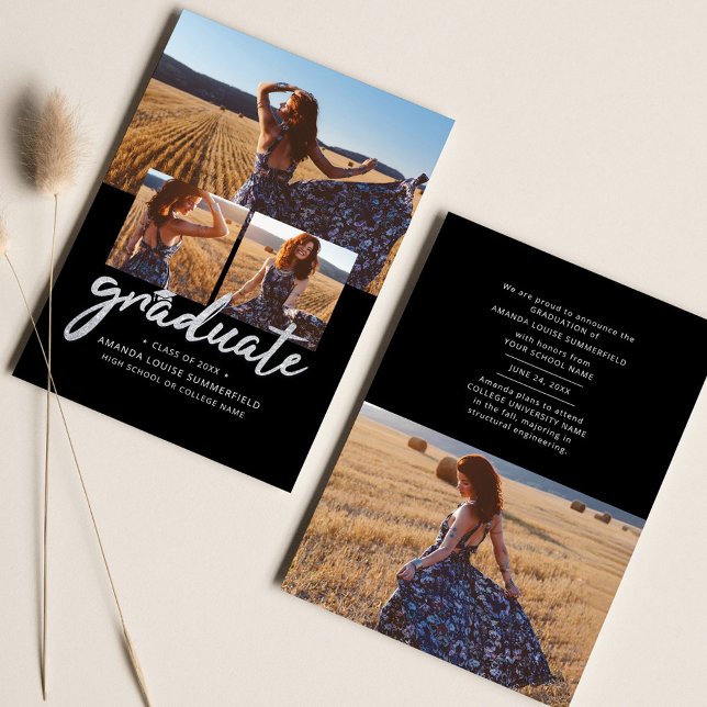 Anuncio Graduado 2025 Collage de fotos Black Script Grad (Graduate Photo Collage Modern Graduation Announcement)