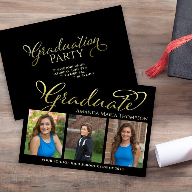 Anuncio Graduado Collage de fotos negro y oro simple (Black and gold graduation photo collage announcement with bold modern typography.)