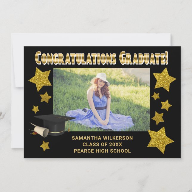 Anuncio Graduado de Black & Gold Purpurina Stars Felicitac (Anverso)