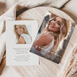 Anuncio Graduado | Delicada escritura y dos fotos<br><div class="desc">Esta sencilla y elegante invitación de graduación de la Clase 2023 dice "graduado" en un delicado y elegante guión moderno con su foto personal favorita al frente de la tarjeta. Más información sobre el pato puede ir por la parte de atrás,  con un diseño minimalista en blanco y negro.</div>