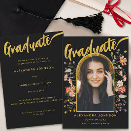 Anuncio Graduado Foto Floral Arco negro y Dorado Script