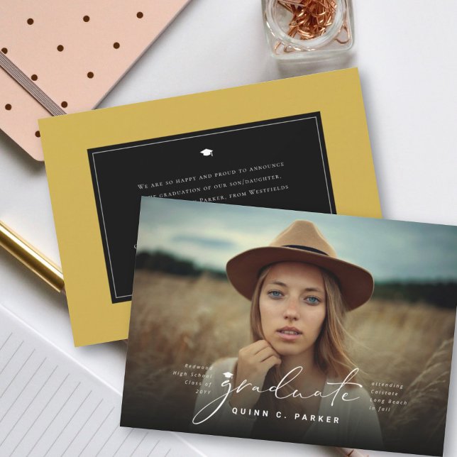 Anuncio Graduado minimalista Foto de cierre de graduación  (Modern Minimalist Graduate Simple Graduation Cap Photo Announcement Card @ zazzle.com/color_therapy)