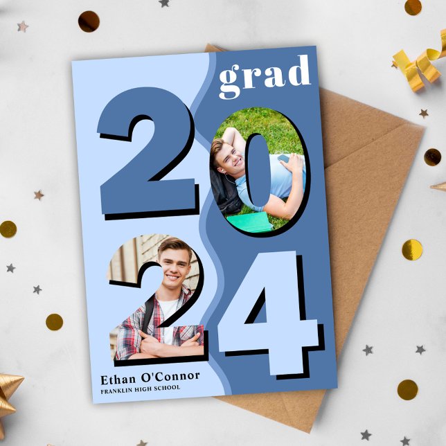 Anuncio Graduado Moderno De 2024 (Modern Blue Wavy Class Of 2024 Photo Graduation Announcement)