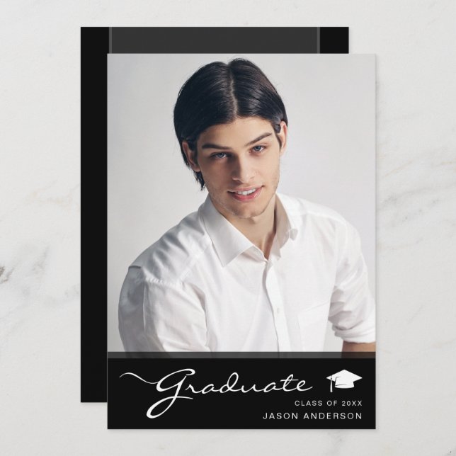 Anuncio Graduado moderno | Elegante guión trendy 1 foto (Anverso / Reverso)
