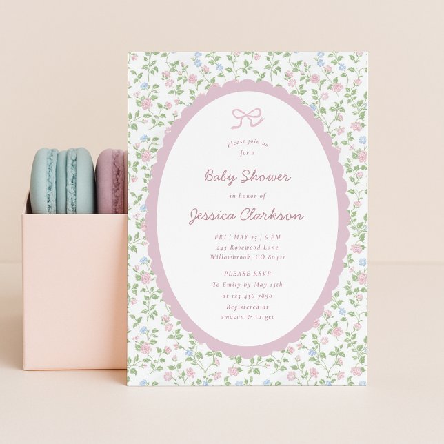 Anuncio Grandmillennial Pink Bow Floral Baby Shower INVITE (Subido por el creador)