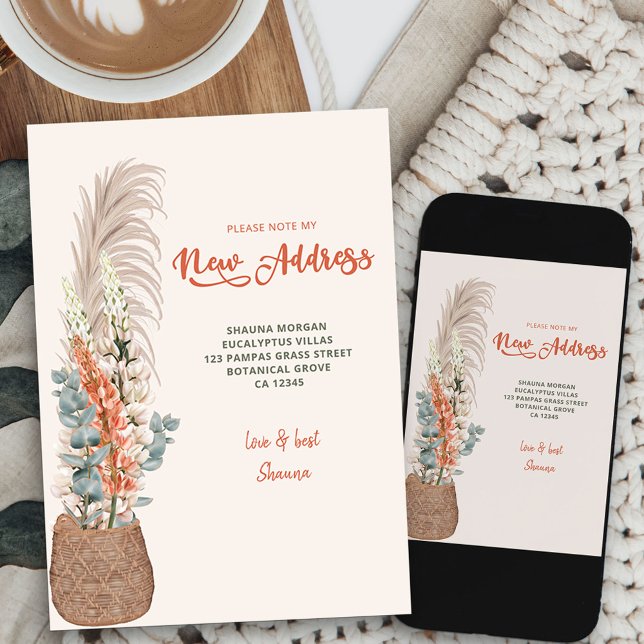 Anuncio Grasa Pampas en movimiento de canasta de mimbre (boho flower basket new address card available printed or as printable digital download)