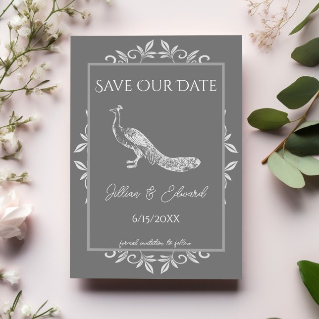 Anuncio Gray Peacock Florece (Gray Peacock Flourish Save the Date)