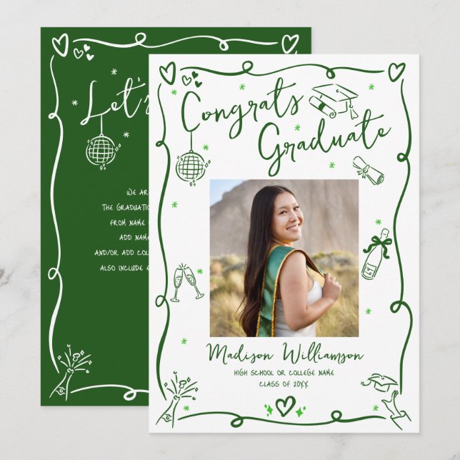 Anuncio Green Hand Drawn Doodles Graduate Photo White Fun (Anverso / Reverso)