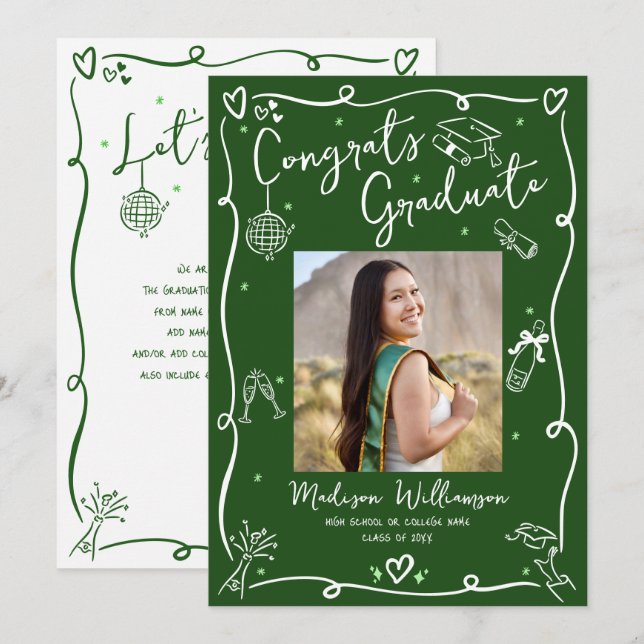 Anuncio Green Hand Drawn Doodles Graduation Photo Retro (Anverso / Reverso)