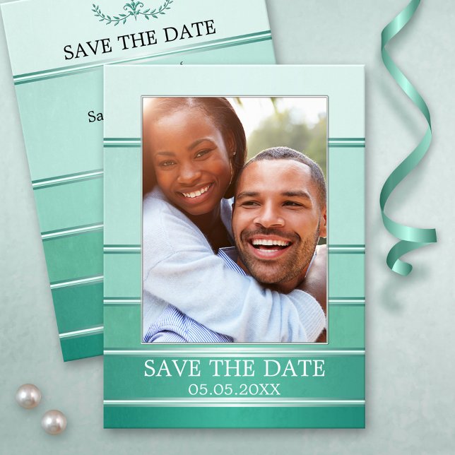 Anuncio Green Silver Striped Photo Save the Date Card (Elegant green silver striped Save the Date card featuring your own engagement photo)