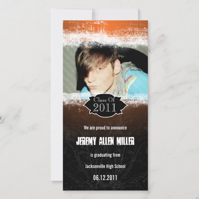 Anuncio Grunge Naranja Black Graduation Photo Card (Anverso)