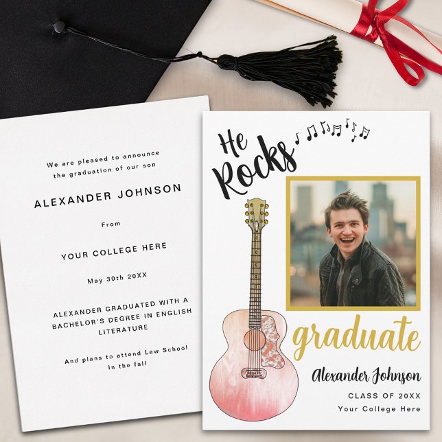 Anuncio Guay He Rocks foto de graduado de oro moderno (Cool rustic guitar graduate photo graduation announcement card country music )