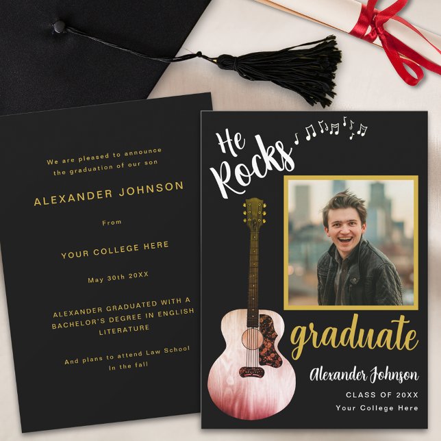 Anuncio Guay He Rocks foto de graduado de oro negro modern (Cool black and gold graduation announcement card with graduate photo and rustic country guitar)