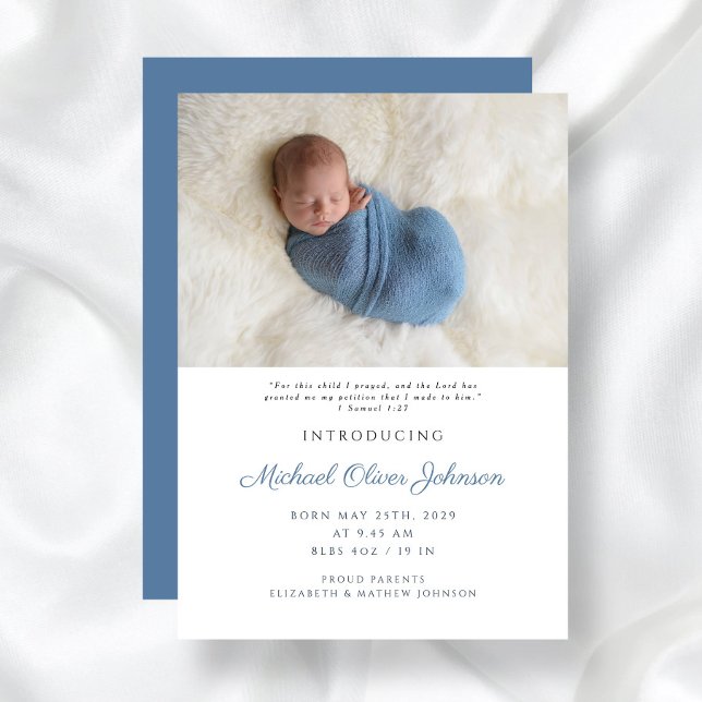 Anuncio Guión azul moderno niño bebé niño foto de nacimien (Blue Modern Script Baby Boy Birth Photo Announcement)