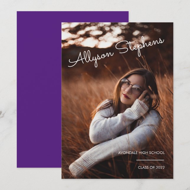 Anuncio Guión clásico Texto blanco Foto Graduación púrpura (Anverso / Reverso)