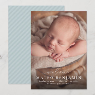 Anuncio Guión de bienvenida simple foto azul nacimiento