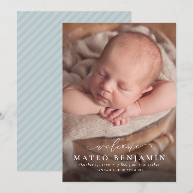 Anuncio Guión de bienvenida simple foto azul nacimiento (Anverso / Reverso)