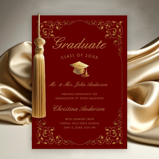 Anuncio Guión de la marfil de oro de los padres de graduac (Gold Ivy Leaf on Maroon Graduation Announcement from Parents)