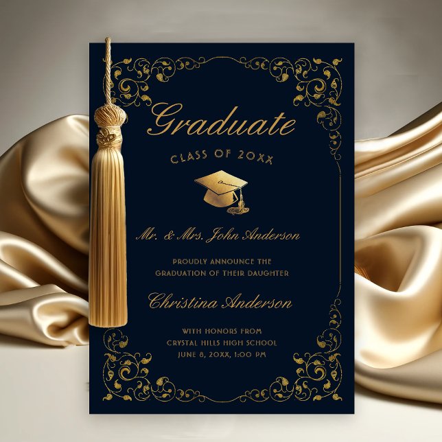 Anuncio Guión de marfil de oro de graduación de la marina  (Gold Ivy Leaf on Dark Navy Blue Graduation Announcement from Parents
)