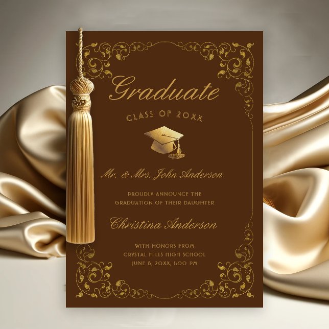 Anuncio Guión de marfil de oro de los padres Graduación ma (Gold Ivy Leaf on Brown Graduation Announcement from Parents)