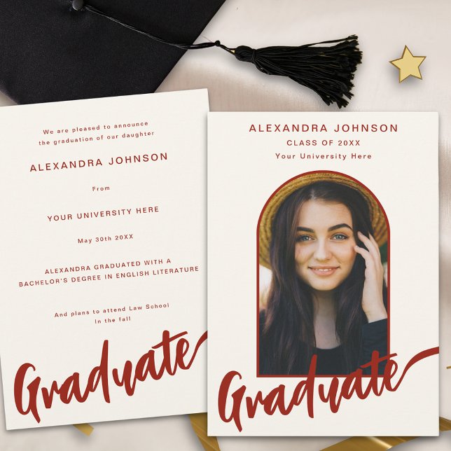Anuncio Guión de Naranja quemado moderno de arco fotográfi (Graduate photo arch elegant burnt orange terracotta script fall Graduation announcement card)
