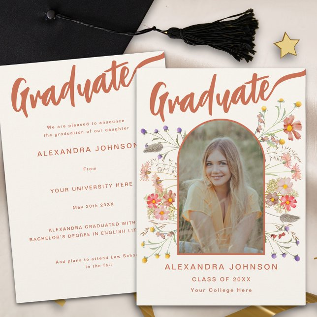 Anuncio Guión del Naranja Quemado de fotos de Boho Floral  (Boho floral graduate photo burnt orange script graduation announcement card watercolor wildflowers )
