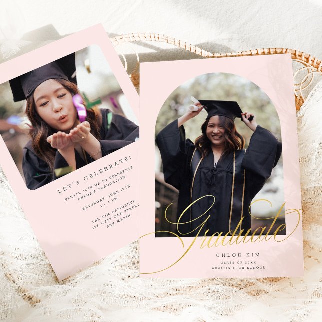 Anuncio Guión dorado chic arco rubor rosa foto de graduaci (Subido por el creador)