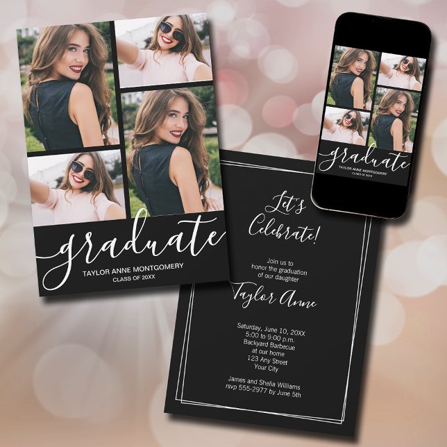Anuncio Guión moderno 4 Foto Graduación en negro (Modern script 4 photo black graduation announcements - PRINTED and/or INSTANT DOWNLOAD)