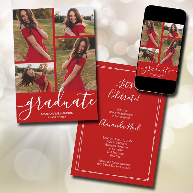 Anuncio Guión moderno 4 Foto Graduación Escarlata (Modern script 4 photo scarlet red graduation announcements - PRINTED and/or INSTANT DOWNLOAD)