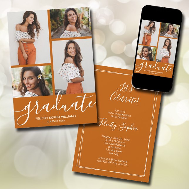 Anuncio Guión moderno 4 Graduación de Naranjas quemados po (Modern Script 4 Photo Burnt Orange Graduation Announcements - PRINTED and/or INSTANT DOWNLOAD)