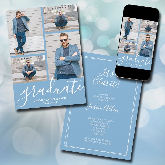 Anuncio Guión moderno 4 Photo Powder Blue Graduation (Modern script 4 photo powder blue graduation announcements - PRINTED and/or INSTANT DOWNLOAD)