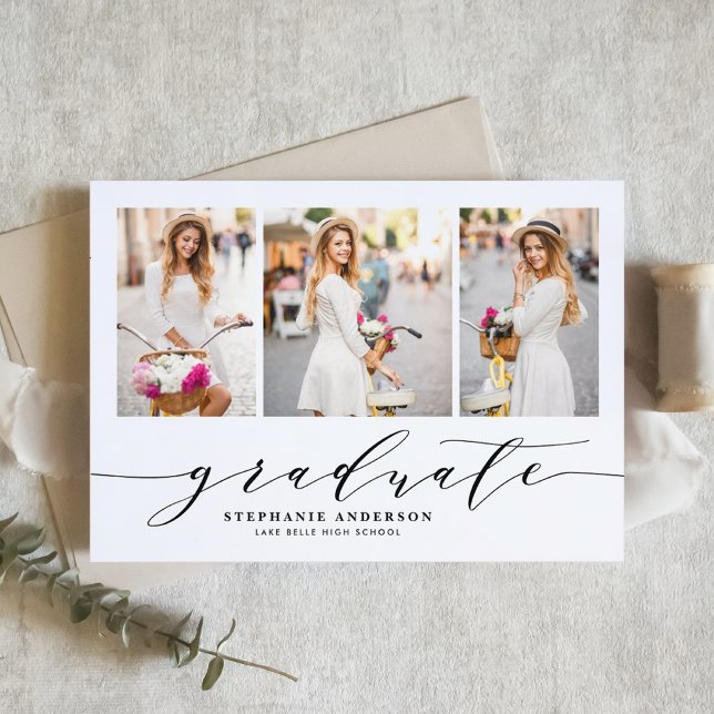 Anuncio Guión negro de doña tres graduaciones de fotos (Customizable photo collage Graduation Announcement featuring whimsical calligraphy)