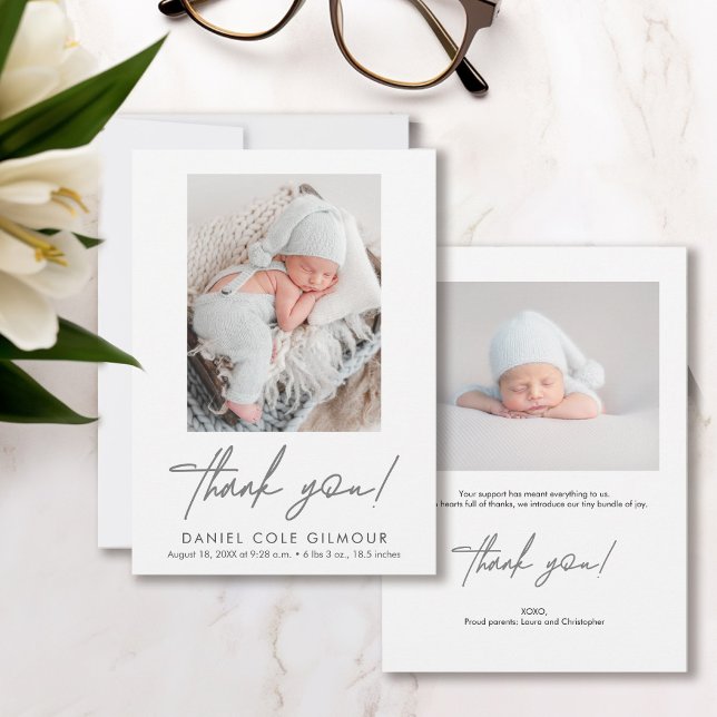 Anuncio Guión para el manejo Gracias bebé bebé (Cute, modern, simple customizable baby photos, thank you, birth announcement flat cards.)