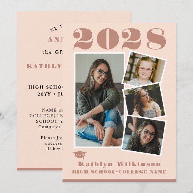 Anuncio Guión rosa Rosa moderno 4 Graduación de Collage de (Anverso / Reverso)