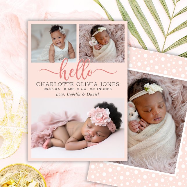Anuncio Hello Script Girl Birth Photo Collage Announcement (Subido por el creador)