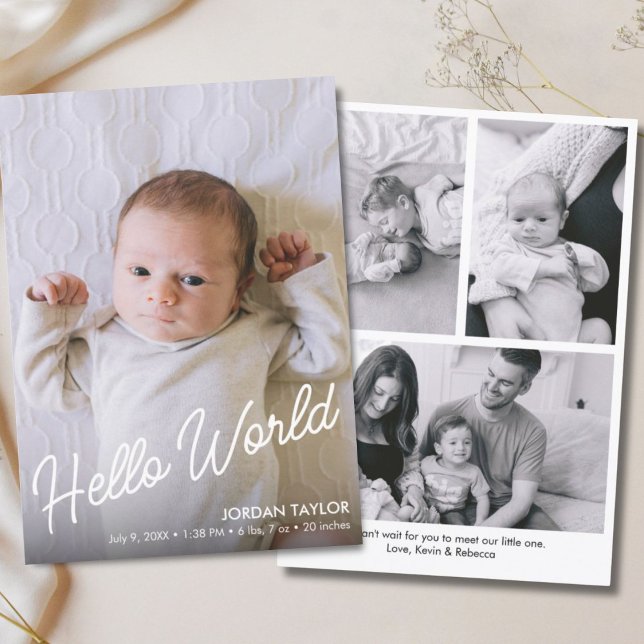 Anuncio Hello World Modern Script Nacimiento de recién nac (Hello World Modern Script Newborn Baby Birth Announcement)