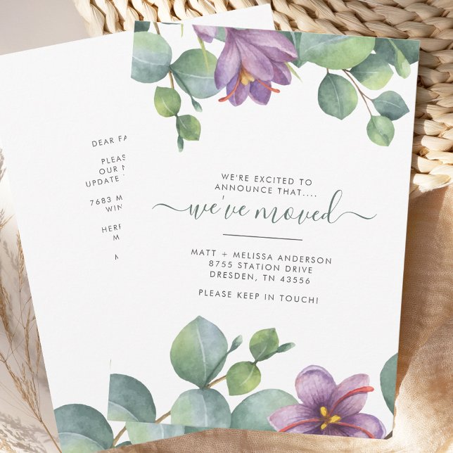 Anuncio Hemos desplazado la vegetación Eucalyptus Floral M (Moving Announcement Eucalyptus Sage Green and Purple Foliage Card)