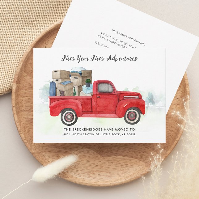 Anuncio Hemos movido la dirección de desplazamiento de vac (New Year Adventures Red Truck Moving Announcement Card)