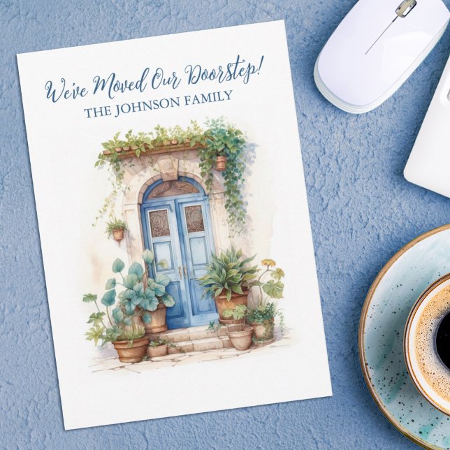 Anuncio Hemos movido la nueva dirección de la puerta de co (A pretty watercolor painting of a blue door with house plants. A charming new home/moving card!)