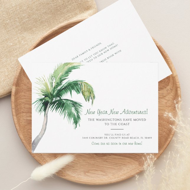 Anuncio Hemos movido la palmera costera de Año Nuevo (Palm Tree Change of Address Moving Announcement Holiday Card)