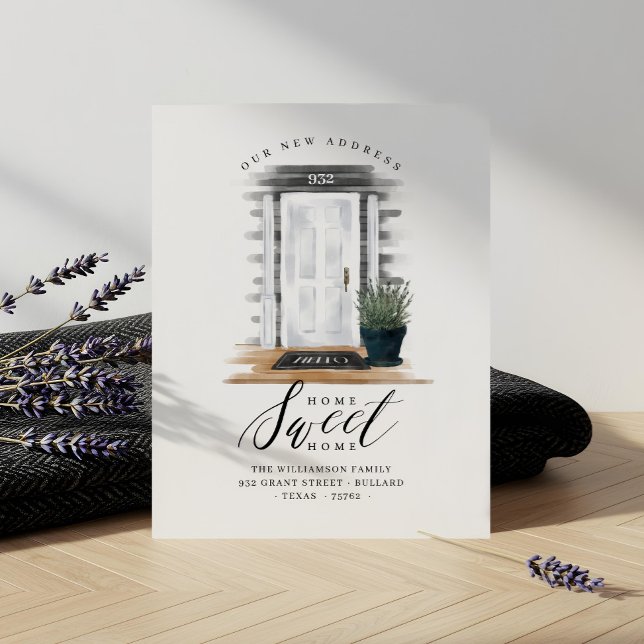 Anuncio Hemos movido la puerta delantera blanca de Hampton (We've Moved Watercolor Hamptons White Front Door Announcement)