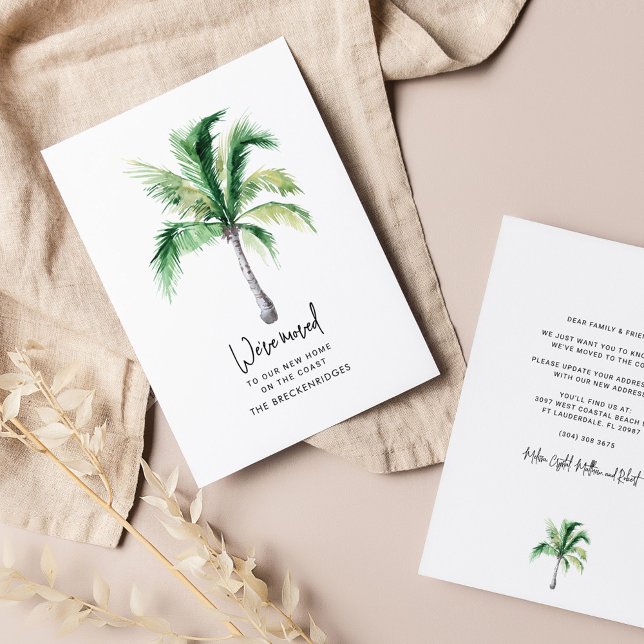 Anuncio Hemos movido palmeras costeras (We Moved Moving Palm Tree Announcement Custom Card)