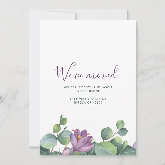 Anuncio Hemos mudado la flor verde púrpura nueva casa (Anverso)