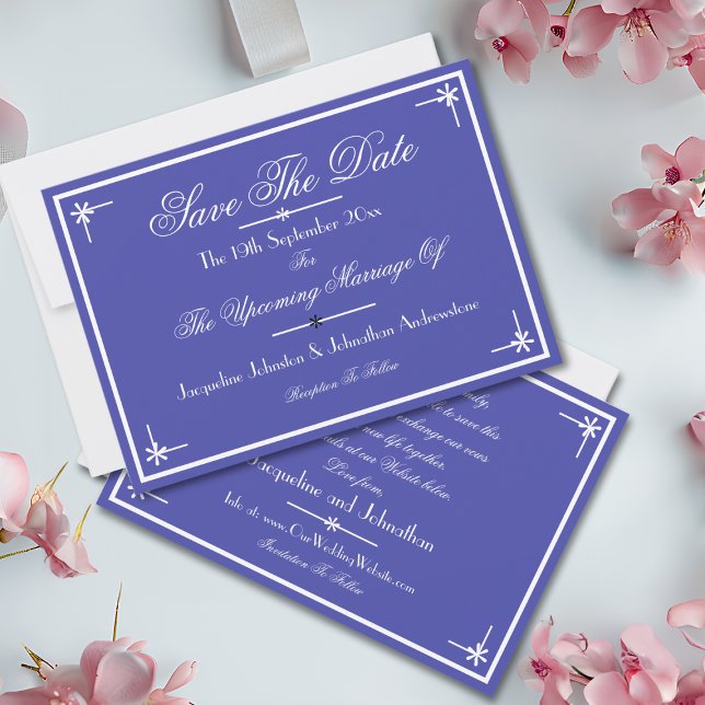 Anuncio Hermosa Moda Clásica Azul Elegante Salve La Fecha (Beautiful Blue and White, Elegant Classic Chic "Save The Date" Announcement Cards.)