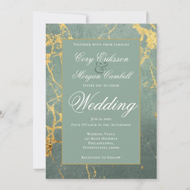 Anuncio Hermoso Boda Verde azulado Y De Oro Marbling (Anverso)